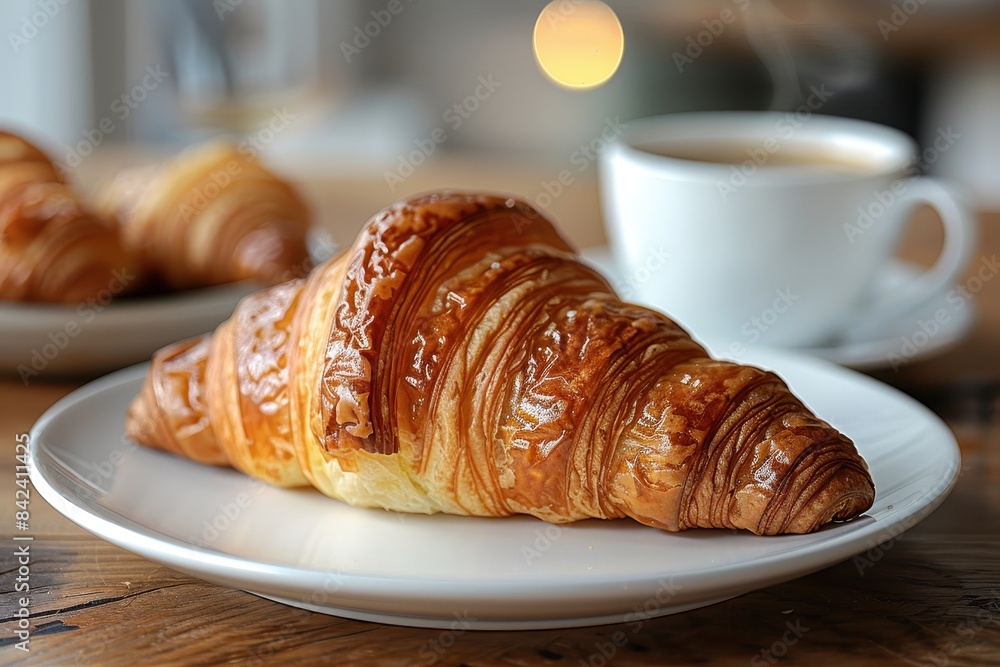 A fresh, golden-brown croissant on a white plate, accompanied by a steaming cup of black coffee in a white cup and saucer. Background: a rustic wooden table. 