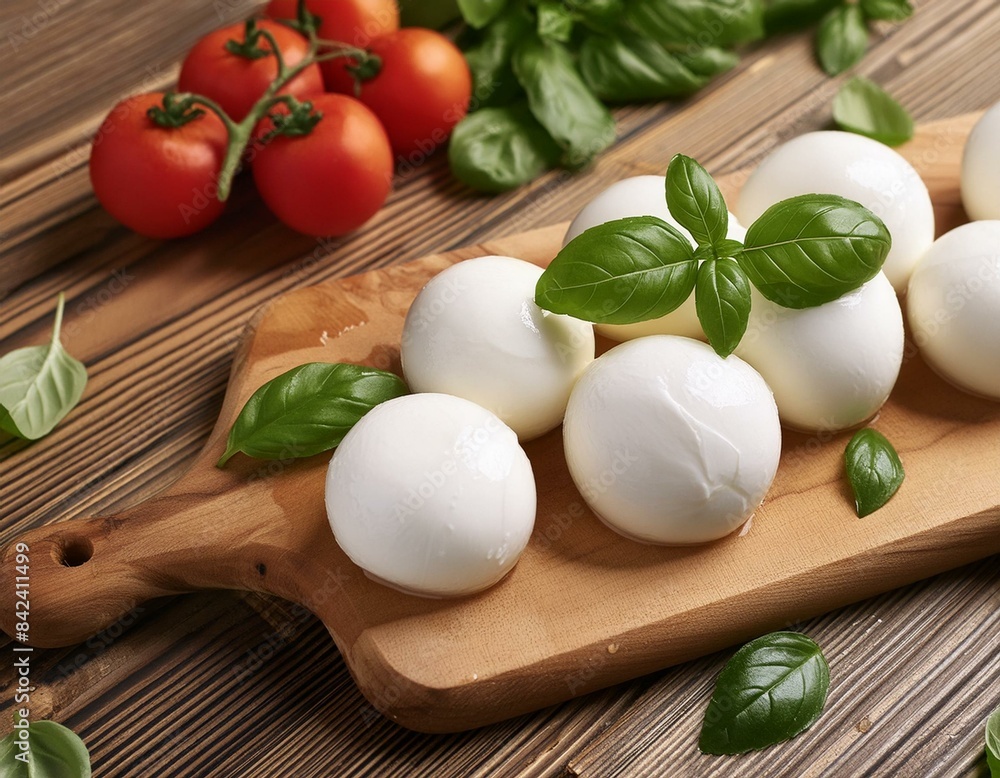 Fresh Italian cheese with basil leaves from Puglia white balls made from mozzarella and cream on a wooden board Fresh Italian cheese with basil leaves from Puglia white balls made from mozzarella and cream on a wooden board