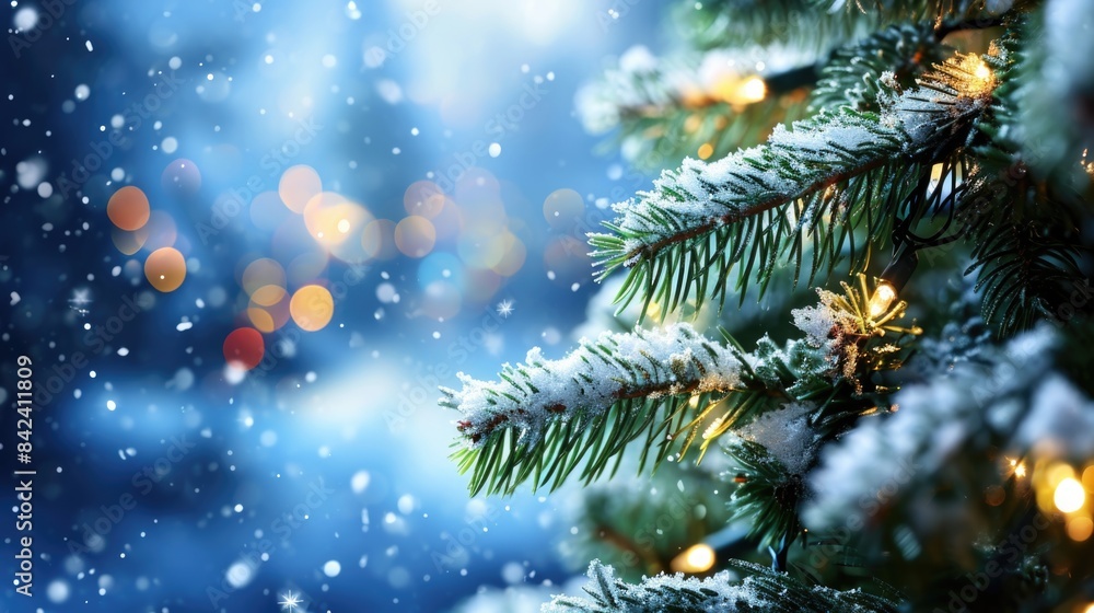 A close-up view of a Christmas tree with lights shining bright in the background A close-up view of a Christmas tree with lights shining bright in the background