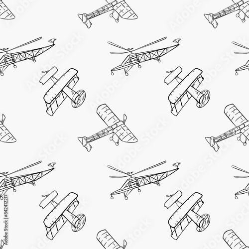 Retro air planes black white outline on seamless pattern. Endless vector background with simple monochrome aircraft, helicopter silhouette hand drawn ink. Various air transport in doodles style