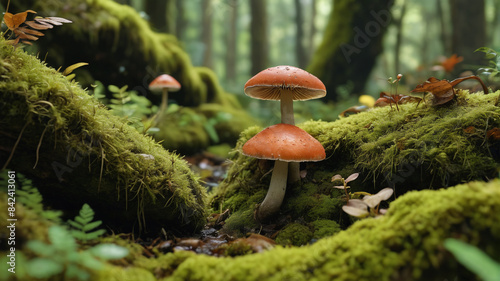 Investigating the relationship between mushrooms and moss in the jungle, where fungal growth patterns contribute to the forest's dynamic life, Generative AI