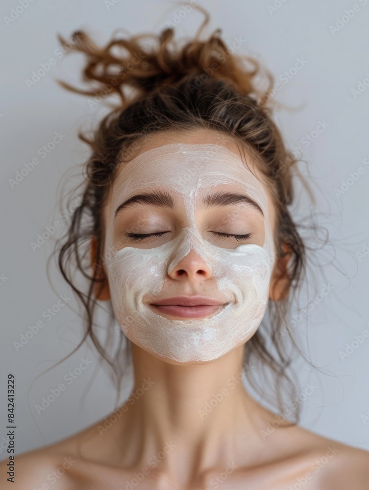 Fototapeta premium A close-up image of a woman wearing a facial mask, possibly for skincare or relaxation purposes