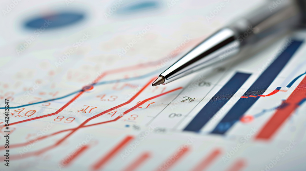 A pen in paper close-up of financial charts and charts A pen in paper close-up of financial charts and charts