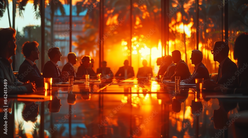 Silhouettes of People in Meeting at Sunset in Modern Office Building