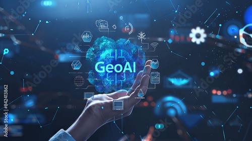 An AI symbol with the letters "GeoAI" inside of it, surrounded by digital symbols and holographic effects on one hand. 