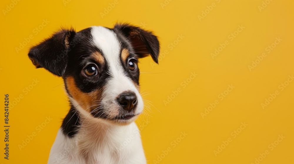 Brightly Adorable Puppy: Captivating Details on Yellow Background with Space for Text Brightly Adorable Puppy: Captivating Details on Yellow Background with Space for Text