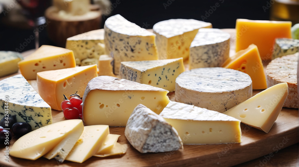 Fototapeta premium Cheesy Delicacies: Enjoying a Selection of Various Cheeses on Platters for a Decadent Tasting Event, Generative AI