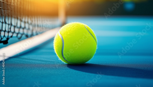 Tennis ball rests on blue tennis court
 photo