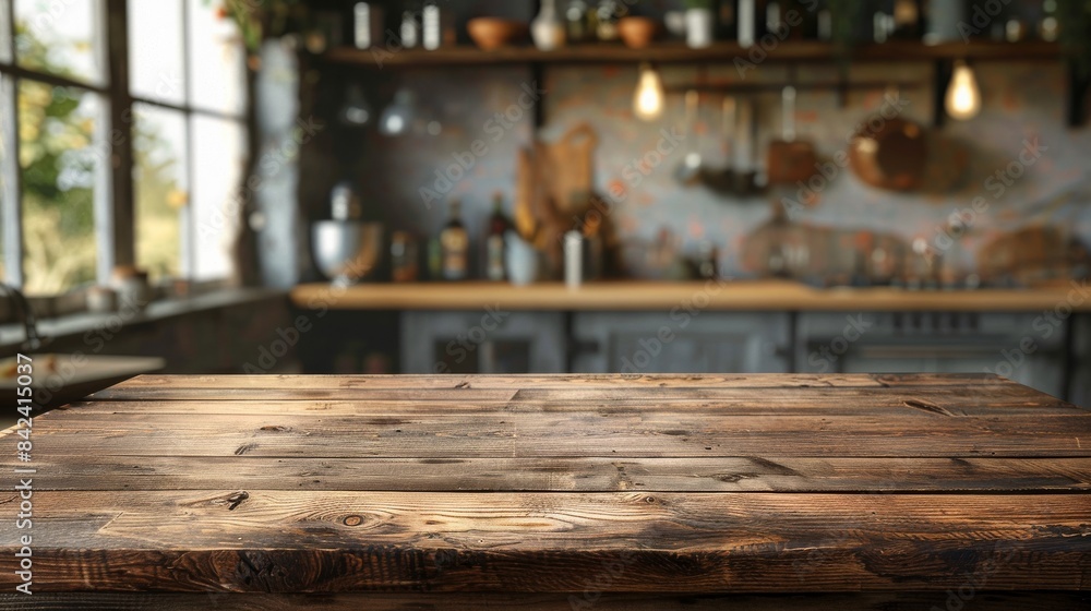 Blurred Kitchen Backdrop with Wooden Table Top, Ideal for Product Montage, Highlighting a Warm and Inviting Setting Blurred Kitchen Backdrop with Wooden Table Top, Ideal for Product Montage, Highlighting a Warm and Inviting Setting