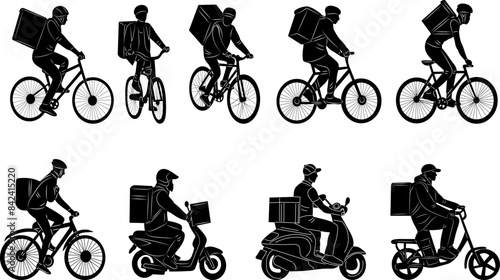 set of couriers on bicycle and moped silhouette vector