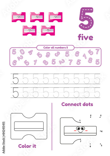 Educational worksheet with color school supplies, dot to dot, trace for kids. Learn number 5