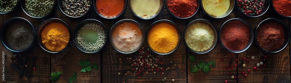 Top view of Slovenian seasonings in cups, arranged on a spicecovered table, highlighting their distinct and colorful look Top view of Slovenian seasonings in cups, arranged on a spicecovered table, highlighting their distinct and colorful look