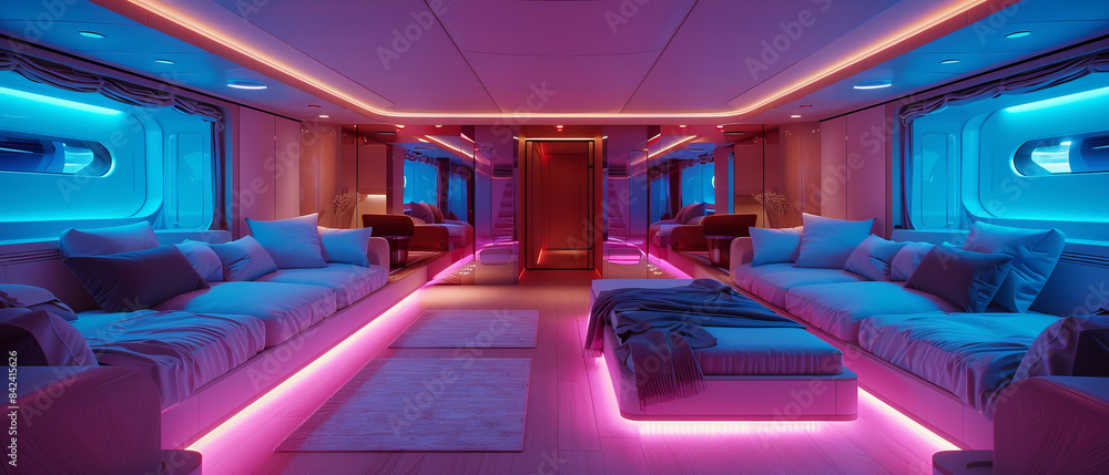 Neonlit luxury yacht interior with a minimalist design aesthetic Neonlit luxury yacht interior with a minimalist design aesthetic