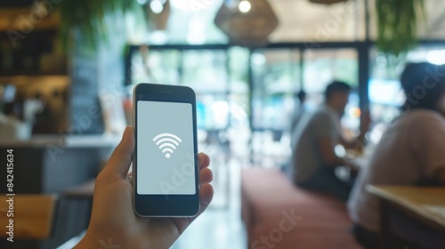 A hand holding a smartphone displaying a wi-fi signal icon with a cafe blurred background