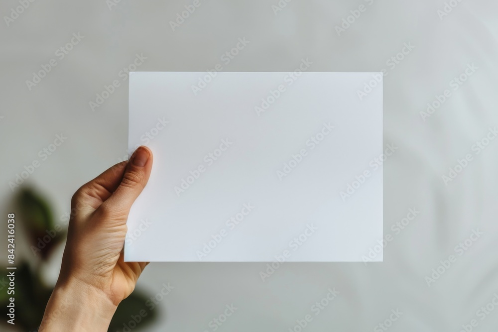 Blank paper mockup on hand created with generative AI Blank paper mockup on hand created with generative AI