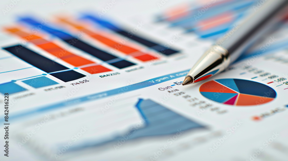 A pen in paper close-up of financial charts and charts A pen in paper close-up of financial charts and charts