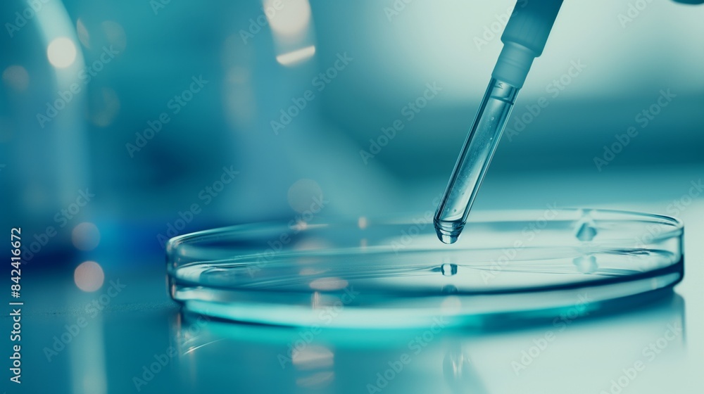 Macro shot of pipette releasing clear liquid into a shallow glass dish in a lab Macro shot of pipette releasing clear liquid into a shallow glass dish in a lab