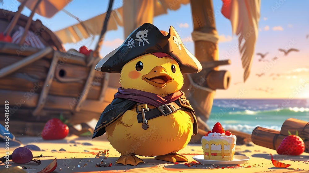 Fototapeta premium Animation of pirate duck eating strawberry cake near pirate ship.