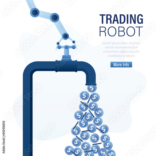 Cash flow. Automatic technologies of making business profit. Earning from investment. Payment of dividends. Passive income. Trading robot, chat bot hand open tap