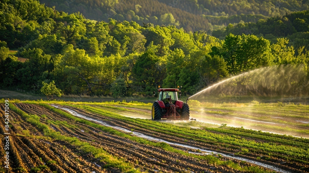 Fototapeta premium Tractor Watering Crops in Field