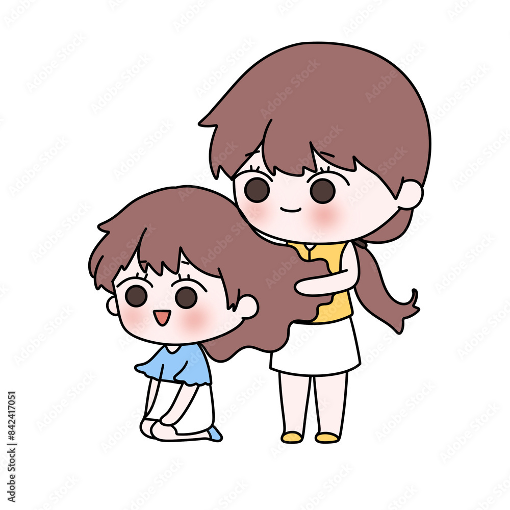 A cartoon drawing of a girl with long hair being brushed by another girl A cartoon drawing of a girl with long hair being brushed by another girl