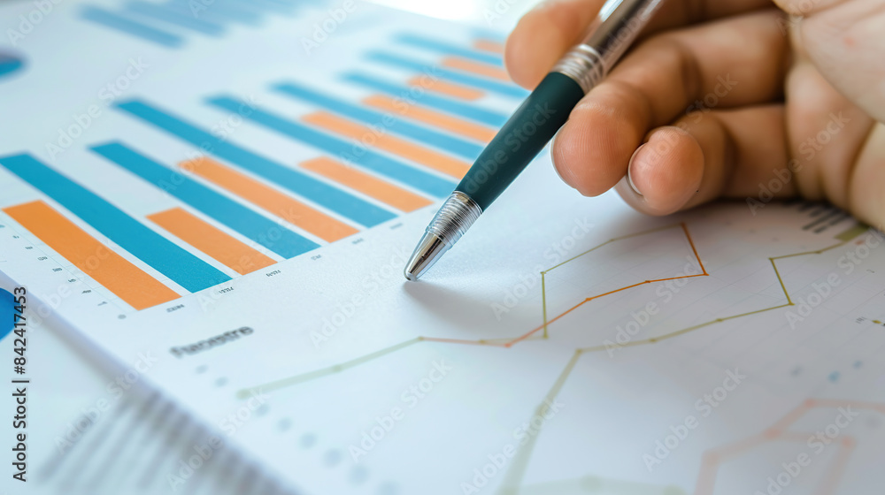 Closeup of hands holding pen and analyzing financial charts on the paper Closeup of hands holding pen and analyzing financial charts on the paper