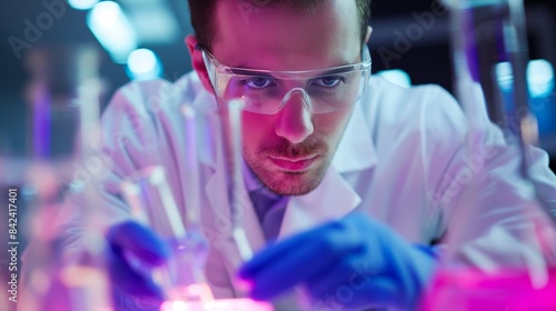Serious male scientist is inspecting colorful substances in test tubes within a laboratory