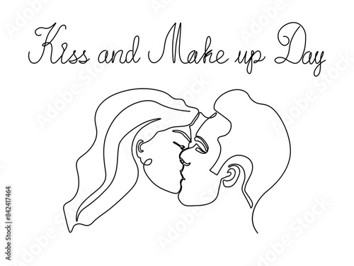 Kiss and Make up Day.couple of lovers, woman and man, love for each other, kiss. continuous single line art drawing sketch, logo