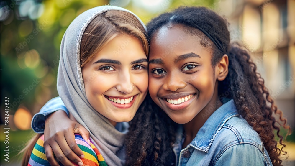 Portrait of two smiling girls of different races in love with each other and standing face to face. Concept LGBT, tolerance, multiculturalism and tolerance. Portrait of two smiling girls of different races in love with each other and standing face to face. Concept LGBT, tolerance, multiculturalism and tolerance.
