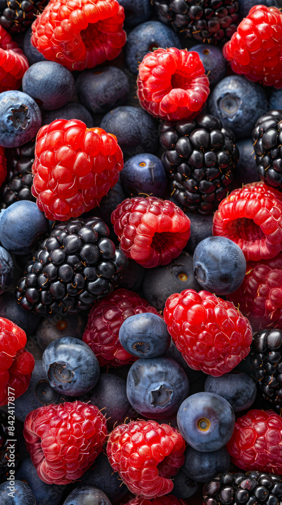 A variety of fresh berries are piled together, including raspberries and blueberries A variety of fresh berries are piled together, including raspberries and blueberries
