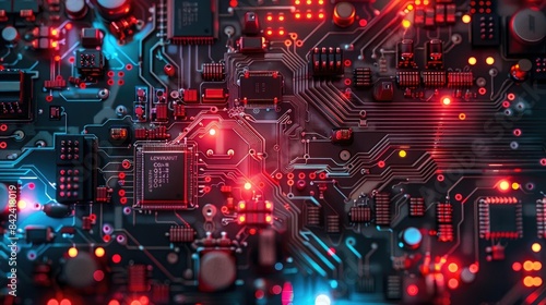 Circuit board with a PU chip, technology background, generative ai photo