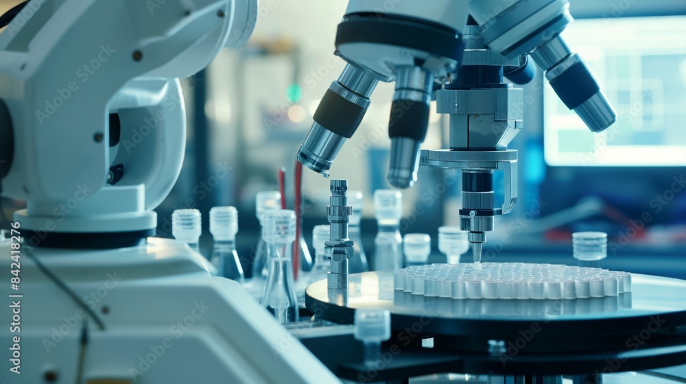 A detailed close-up of a microscope device used for analysis in a contemporary research laboratory A detailed close-up of a microscope device used for analysis in a contemporary research laboratory