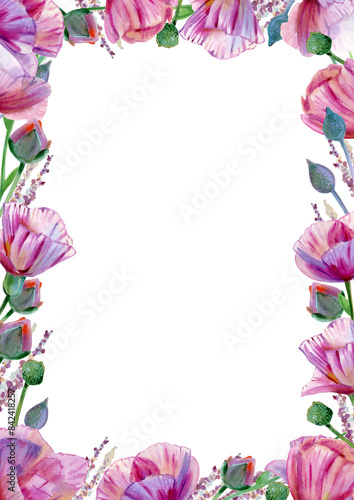 Wallpaper Mural Pink flowers foral frame  isolated on white. Floral border. Watercolor illustration. Torontodigital.ca
