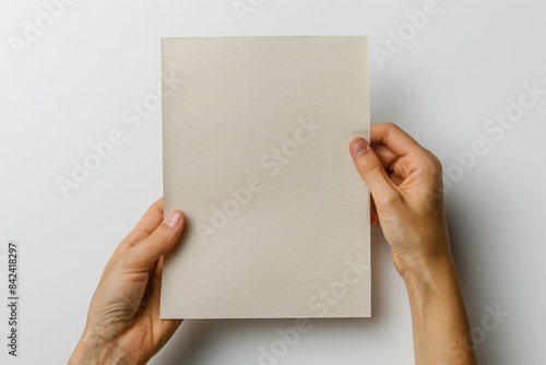 Blank paper mockup on hand created with generative AI © dendyh7