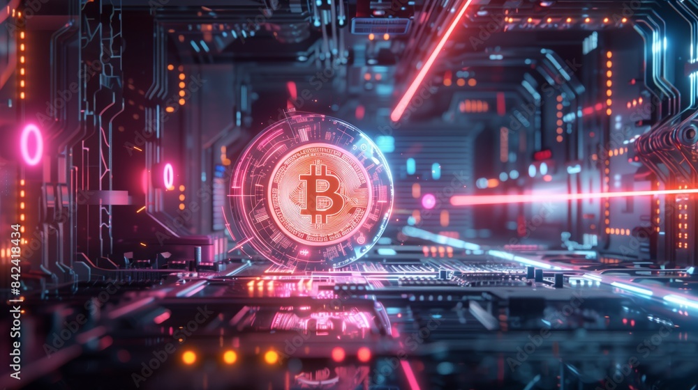 A digital coin spins in a cybernetic world of intricate circuitry and neon lights, symbolizing future currency. A digital coin spins in a cybernetic world of intricate circuitry and neon lights, symbolizing future currency.