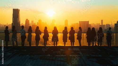 A panoramic cityscape captured from a rooftop terrace, with businesswomen silhouetted against the backdrop of a setting sun, their silhouettes casting long shadows across the urban landscape.