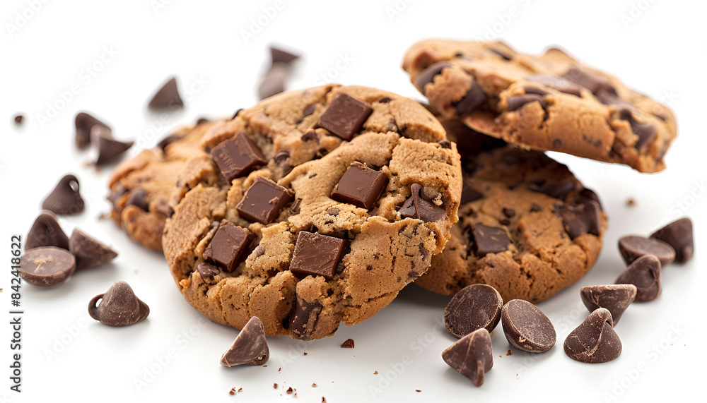 Pieces of delicious chocolate chip cookie isolated on white Pieces of delicious chocolate chip cookie isolated on white