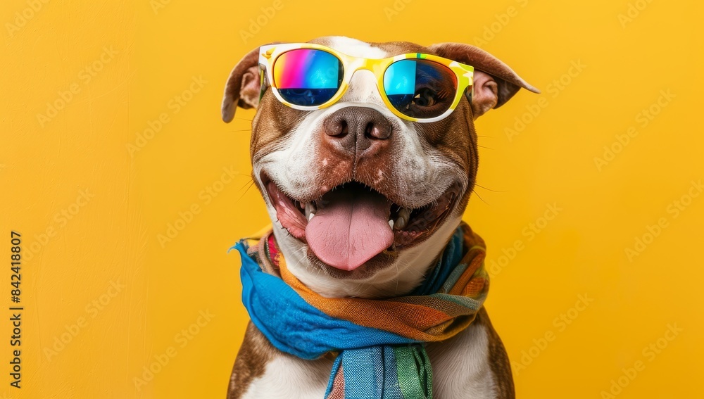 Happy brown and white pitbull dog wearing colorful sunglasses with rainbow lens, tongue out smiling. birthday card