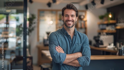 Happy businessman owner standing in a modern office restraunt or cafee with arms crossed and smiling at the camera while looking away  portrait of an attractive male entrepreneur working coffee shop