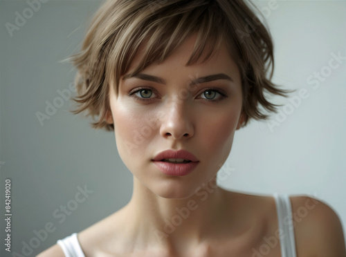 Close Up Cute Young Woman Bob Cut Brown Hair White Tank Top Muted Grey Background photo