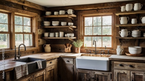Classic rustic farmhouse kitchen with reclaimed wood  providing a cozy and calm feel