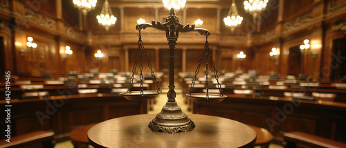 Scales of justice on a pedestal in a tribunal hall photo