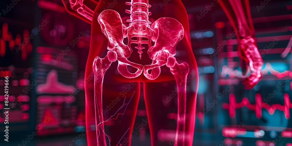 Red holographic diagram of a hip joint overlaying a persons hip ...