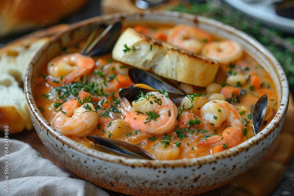 A hearty bowl of Bouillabaisse with a variety of seafood, including fish, mussels, and shrimp, in a saffron-infused broth. Served with crusty bread. A hearty bowl of Bouillabaisse with a variety of seafood, including fish, mussels, and shrimp, in a saffron-infused broth. Served with crusty bread.