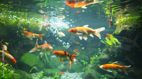 Clear water in pond reveals the colorful fish swimming below  © robfolio