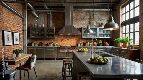 Industrial style kitchen design with stainless steel appliances, concrete countertops, and an overall modern and urban feel.