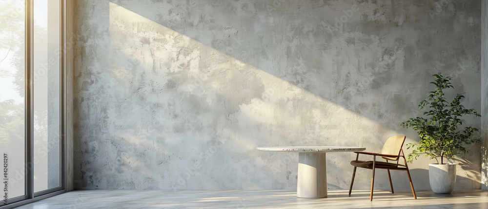 Simple dining space with a solid light grey wall and a metal table, minimal decor Simple dining space with a solid light grey wall and a metal table, minimal decor