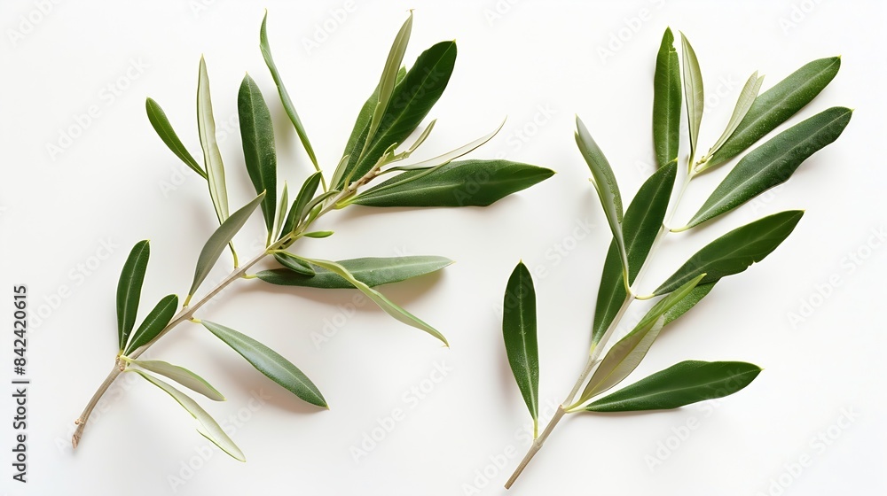 Fototapeta premium Two fresh olive branches with leaves isolated on white background closeup : Generative AI