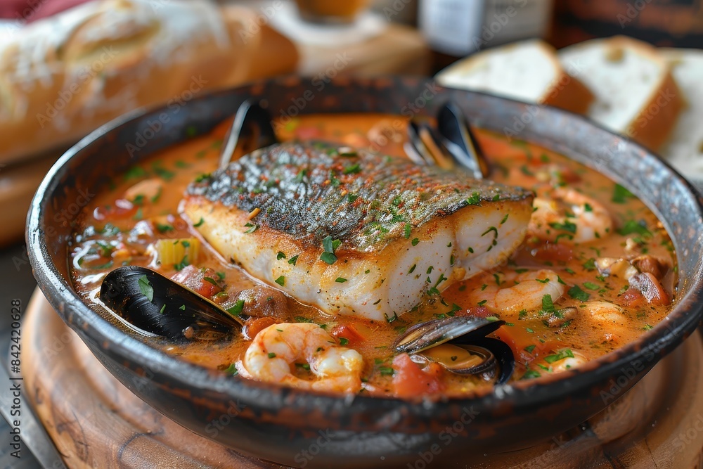 A hearty bowl of Bouillabaisse with a variety of seafood, including fish, mussels, and shrimp, in a saffron-infused broth. Served with crusty bread. A hearty bowl of Bouillabaisse with a variety of seafood, including fish, mussels, and shrimp, in a saffron-infused broth. Served with crusty bread.