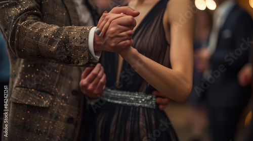 Close up of a couple holding hands and dancing at a wedding party, a woman in a black dress with a silver belt, a man wearing a brown suit.